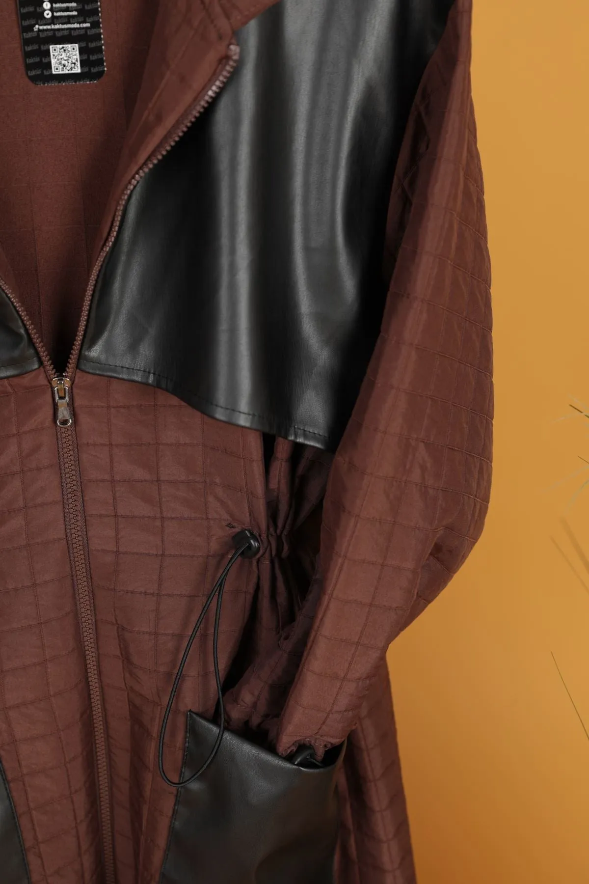 KKT Leather Fabric Jacquard Women's Trench Coat-Brown - Metz