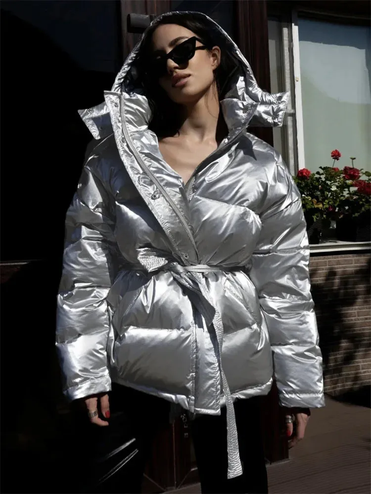 Puffy metallic shiny belted puffer jacket