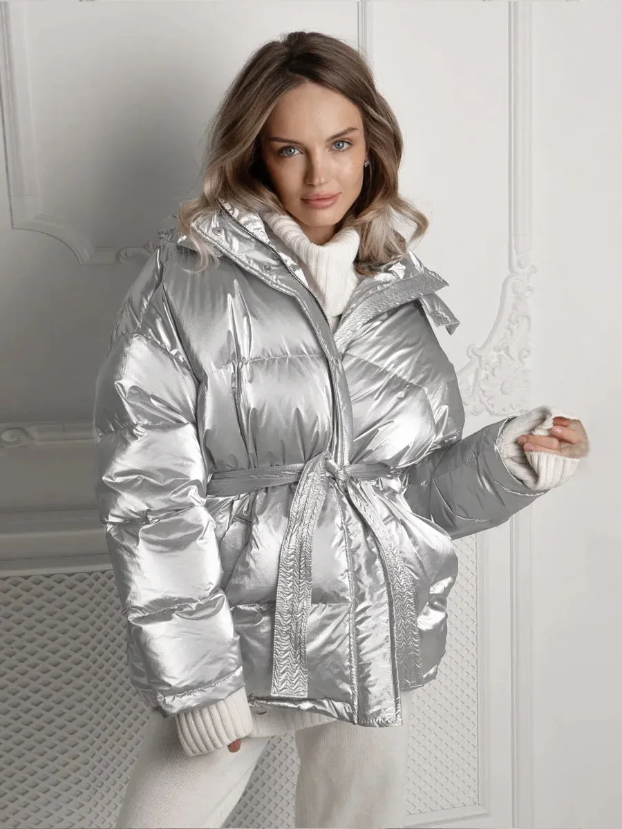 Puffy metallic shiny belted puffer jacket